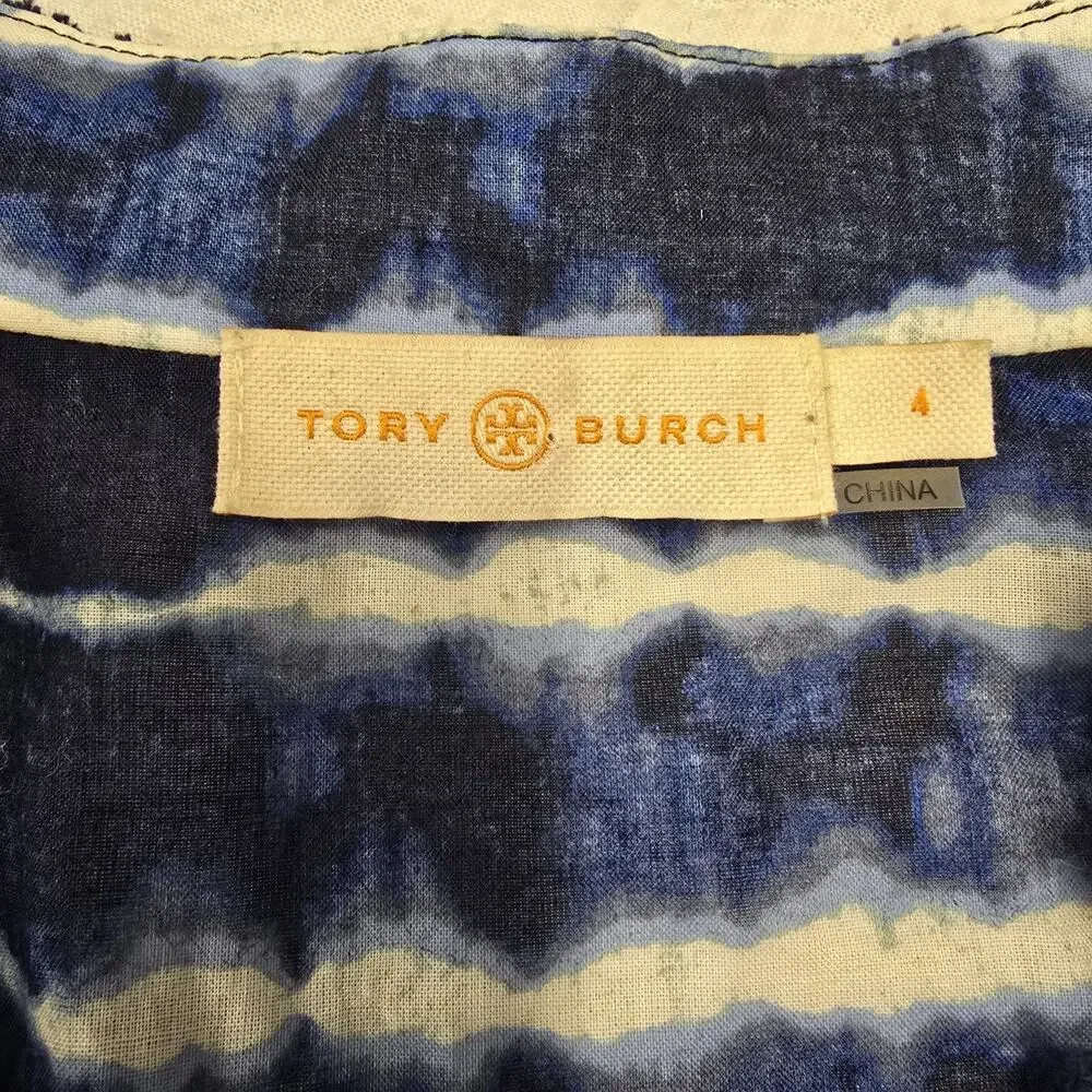 Tory Burch Blue Tie Dye Embellished Cotton Voile Tunic Shirt Size 4 Fringe Boho